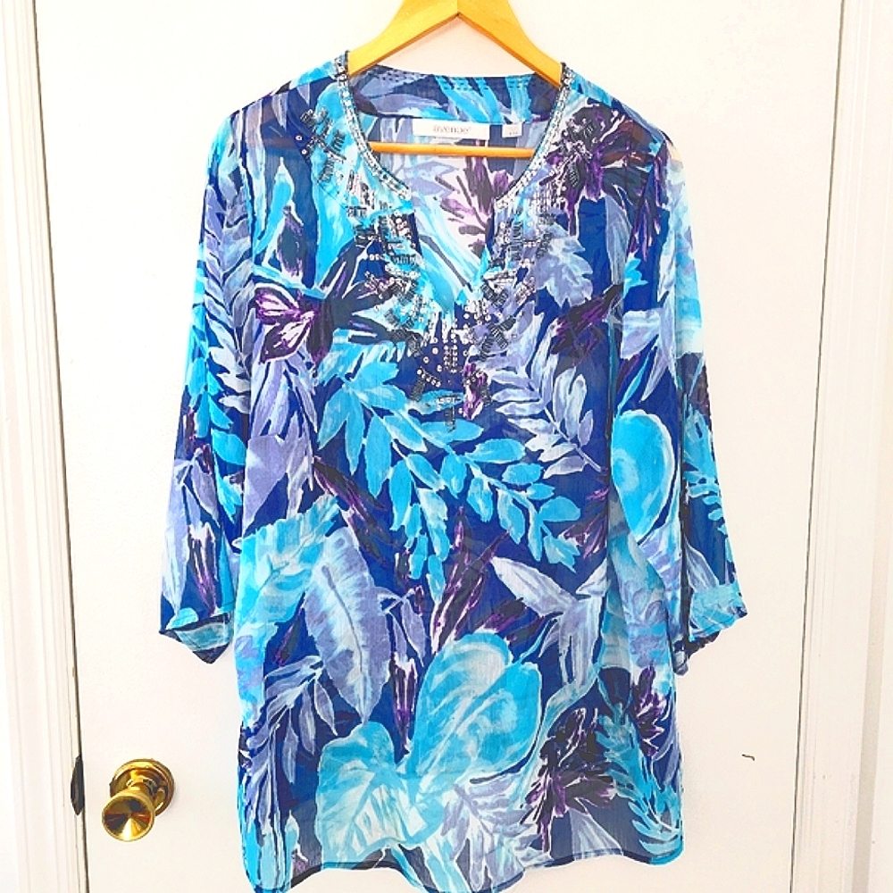 Avenue || 18/20 Blue Leaf Print Tunic Blouse